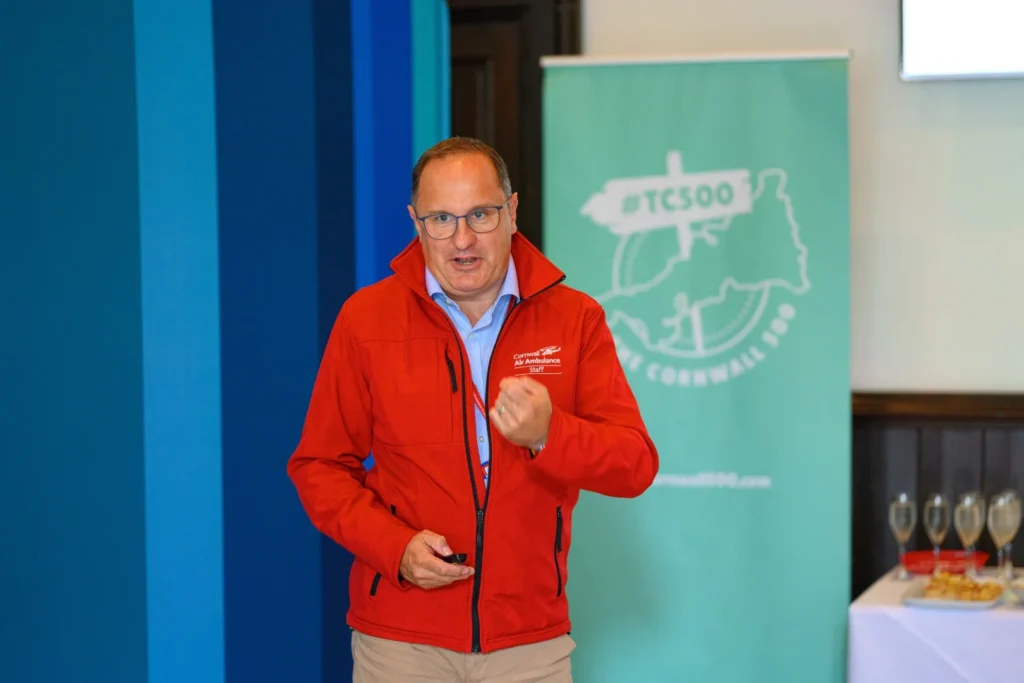 Tim bunting CEO of Cornwall Air Ambulance speaking at the launch of The Cornwall 500